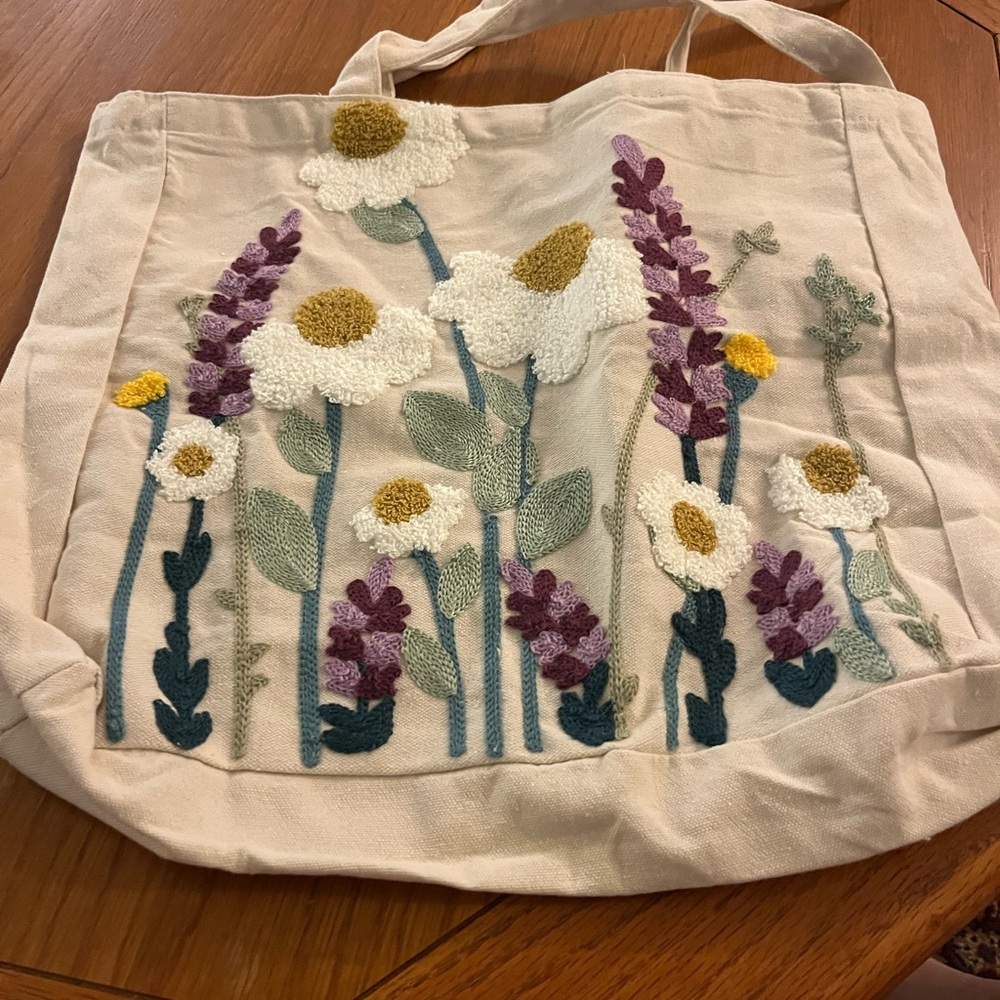 Source Unknown Floral Embroidered Tote - Cream and Purple
